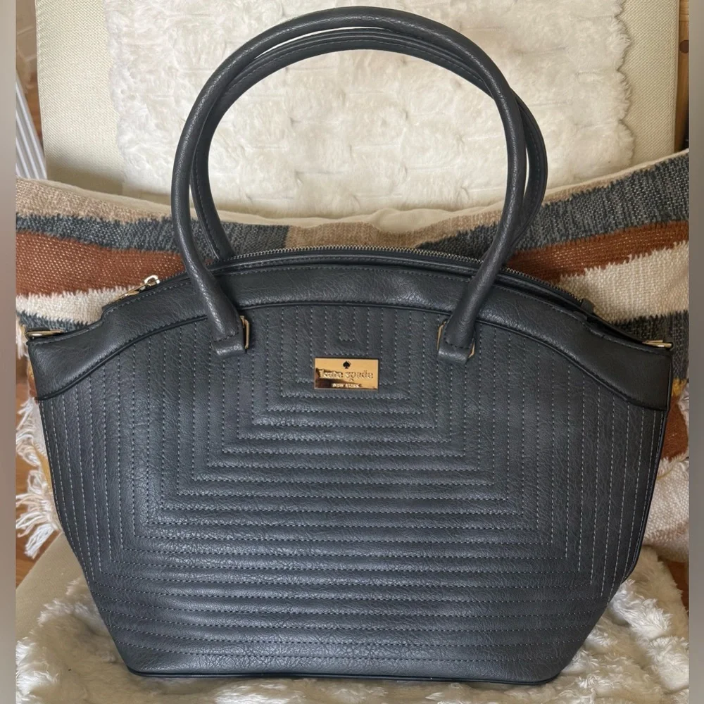 Kate Spade New York Quilted Leather Satchel Gray Large Top Handle Bag Gold HW - Picture 1 of 11
